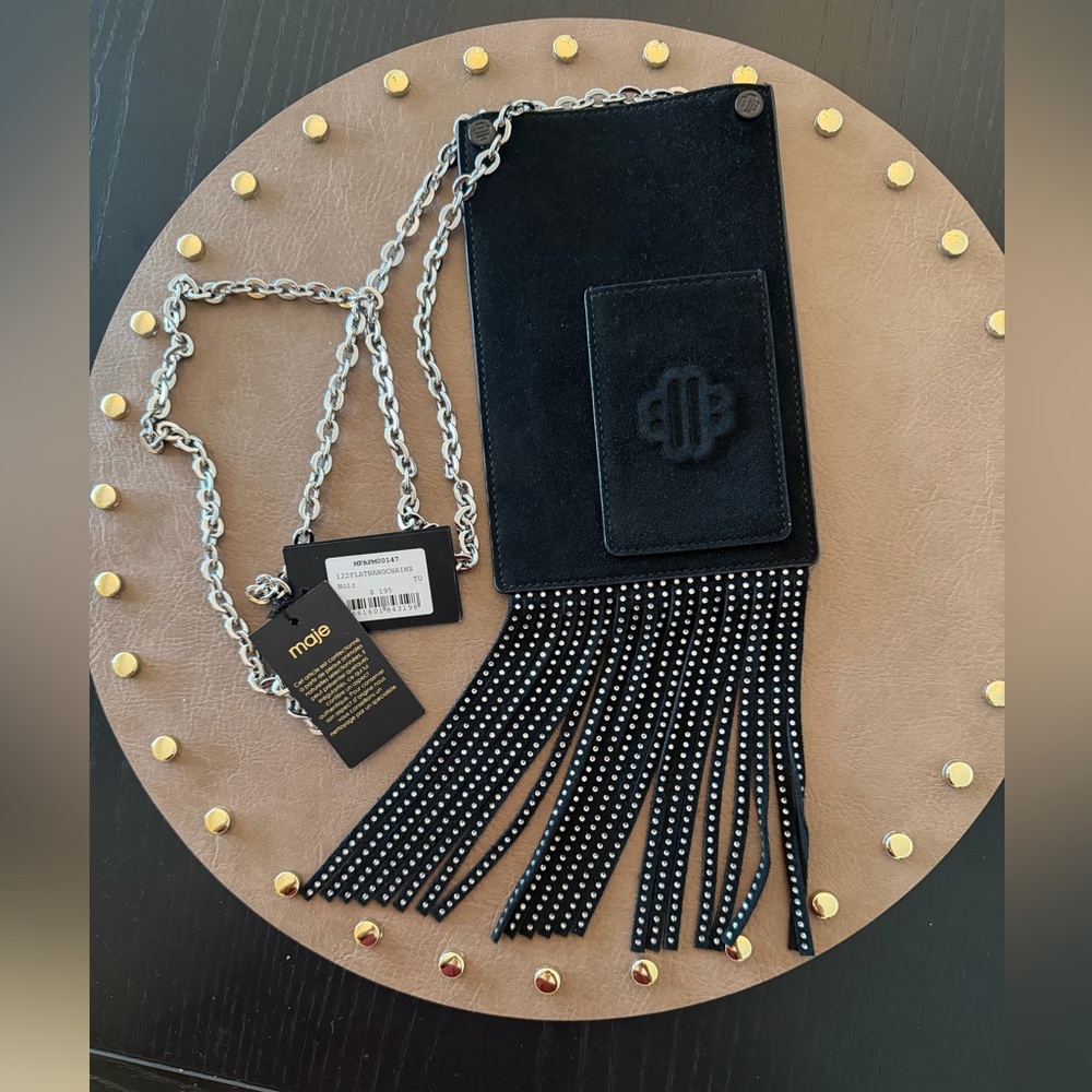 NWT Maje Black Leather Suede Embellished Phone Bag